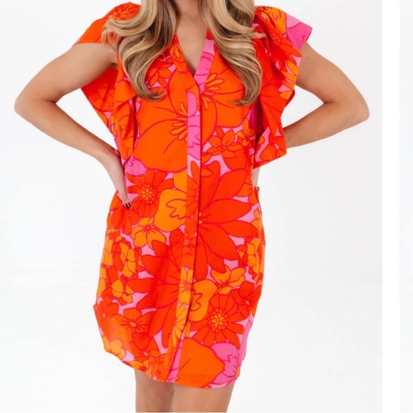 None Dresses & Skirts - J Marie Floral Midi Dress ruffle sleeves cottage core Orange & Pink Retro Y2K✨